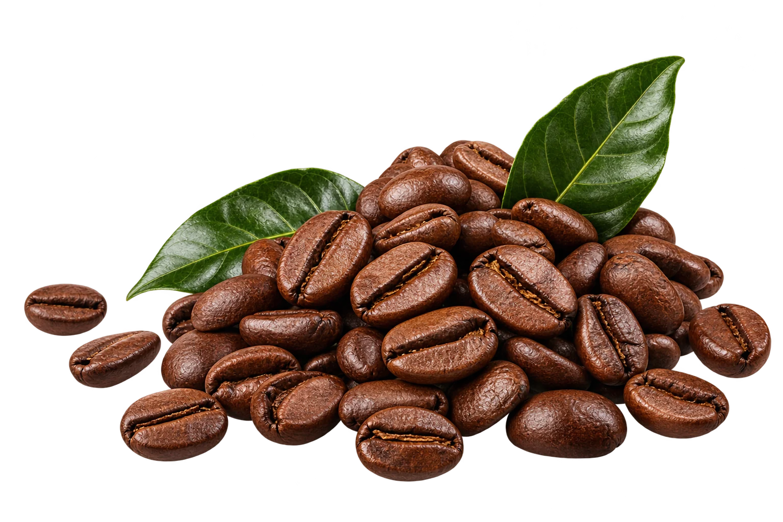 Roasted coffee beans with green coffee leaves