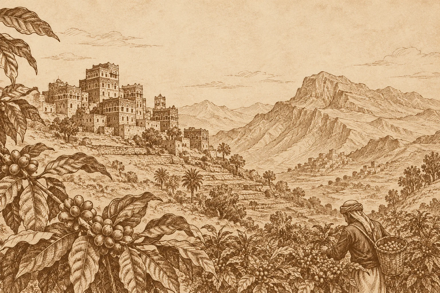 Engraved illustration of Yemen’s mountain villages and coffee terraces